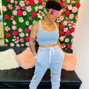 Our two piece jogger set in the color ash blue